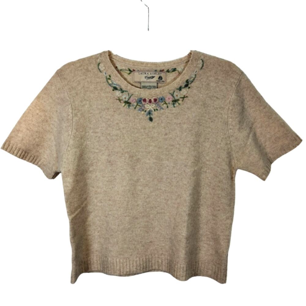 Vintage Laura Ashley Country Lambs Wool Sweater Short Sleeve Embroidered